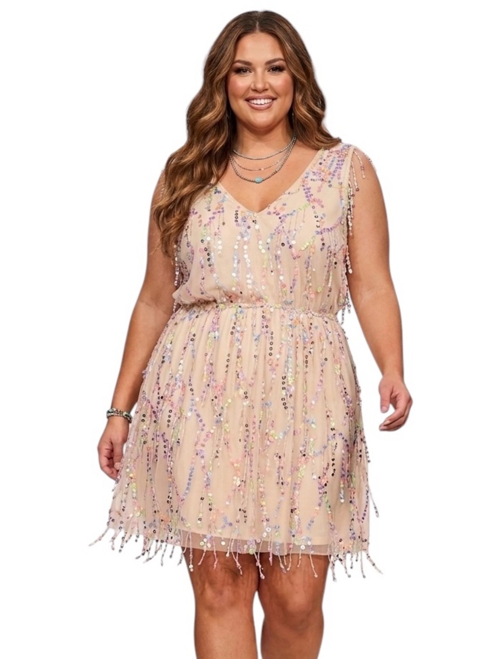 Southern Fried Chics "Shimmy Me" Rainbow Sequin Fringe Mini Dress Cream Size 3XL
